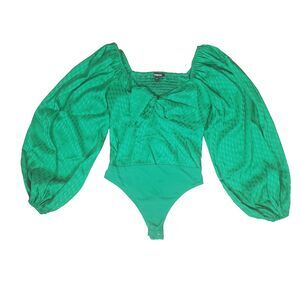 Express Women’s Bodysuit Small Green Sweetheart Bow Neckline Puff Sleeve